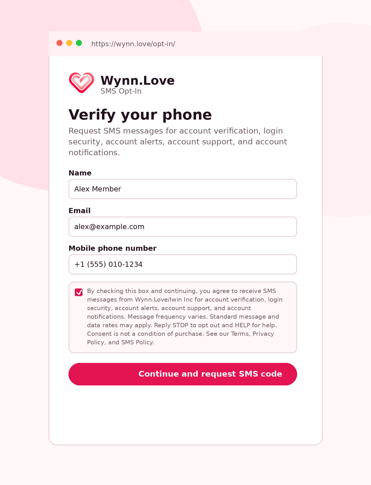 Wynn.Love checked opt-in consent screenshot