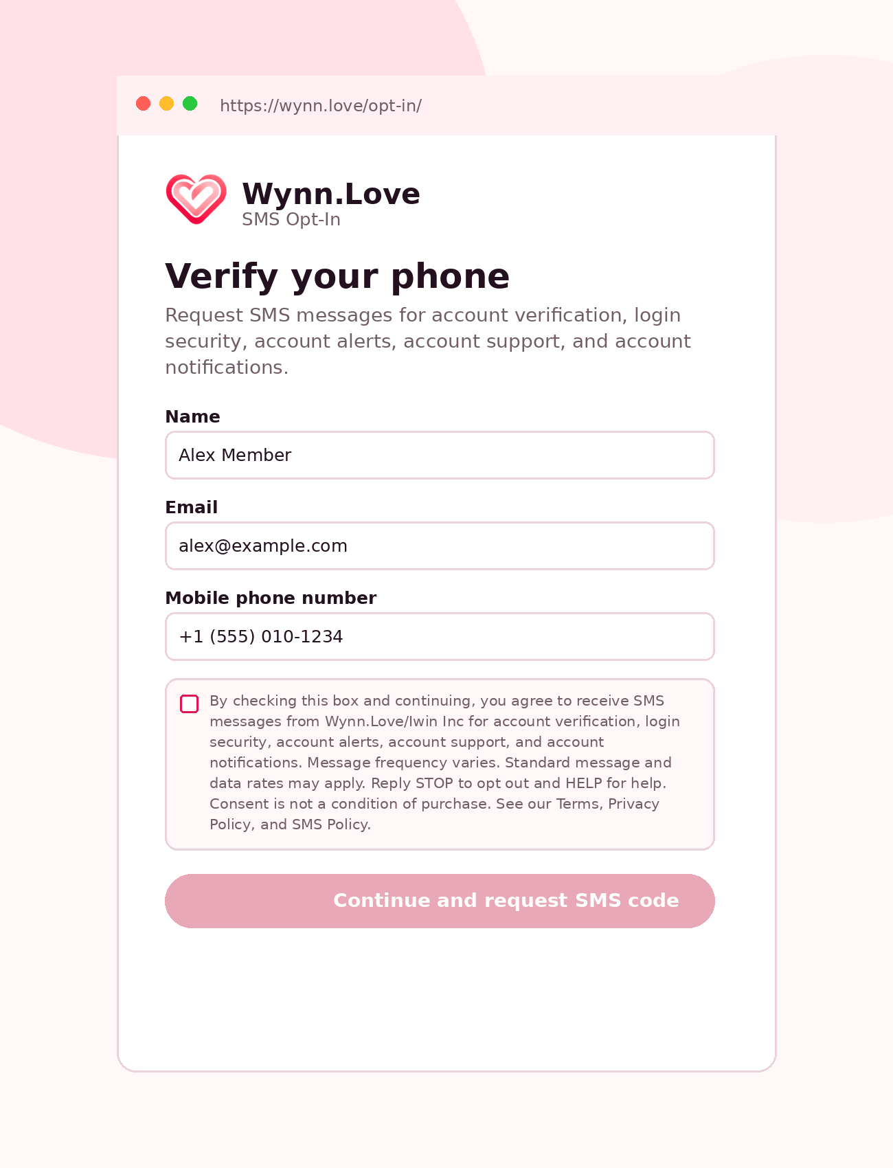 Wynn.Love opt-in form screenshot